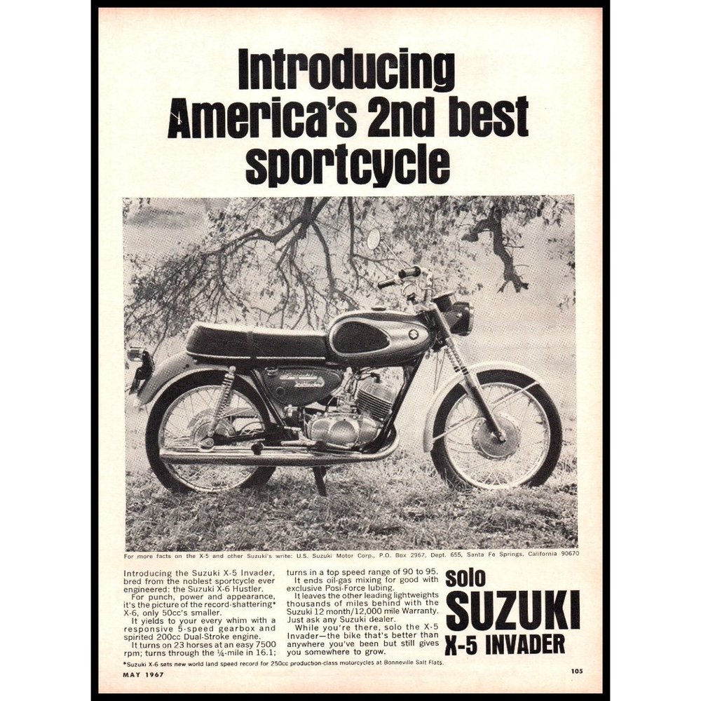 1967 Suzuki X-5 Invader Motorcycle Vintage Print Ad Park Grass Trees Wall Art